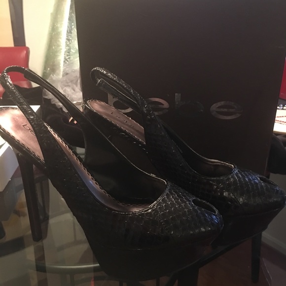 Bebe Black Snake Peeptoe Heels (Size 10) - Picture 2 of 4